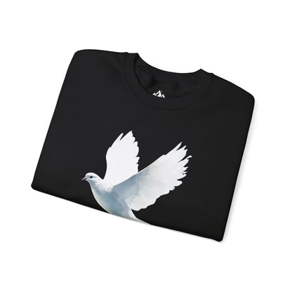 Black Christian t-shirt with white dove graphic, faith-inspired apparel, folded on white background