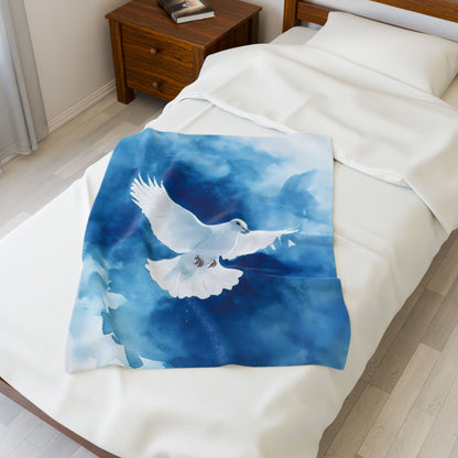 White Dove Blue Watercolor Velveteen Plush Blanket — blanket displayed on a bed