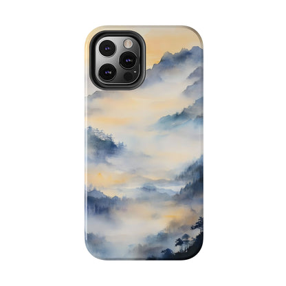 Phone case with misty blue watercolor mountains and trees, serene spiritual design