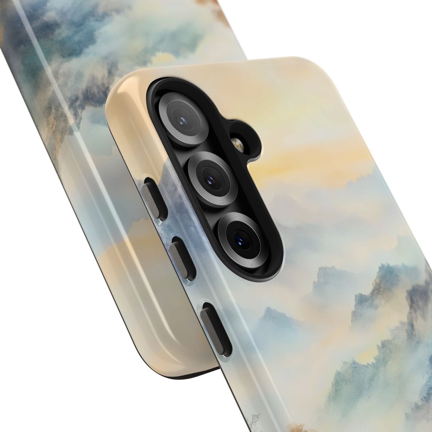 Christian phone case with soft blue and yellow watercolor clouds, closeup on camera cutout