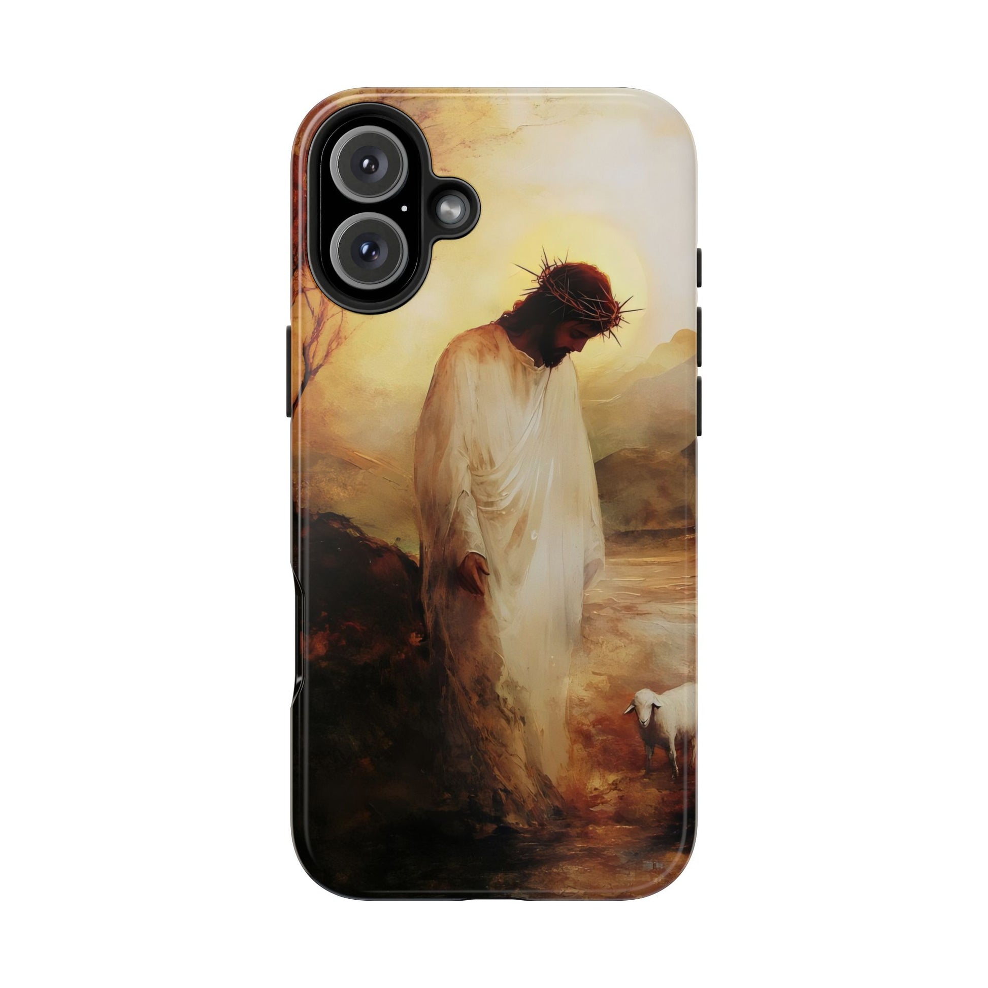 Christian phone case with Jesus wearing crown of thorns, standing beside a lamb in mystical landscape