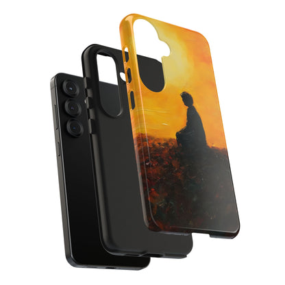 Phone case with silhouette of a person meditating at sunset, spiritual and mindful art design