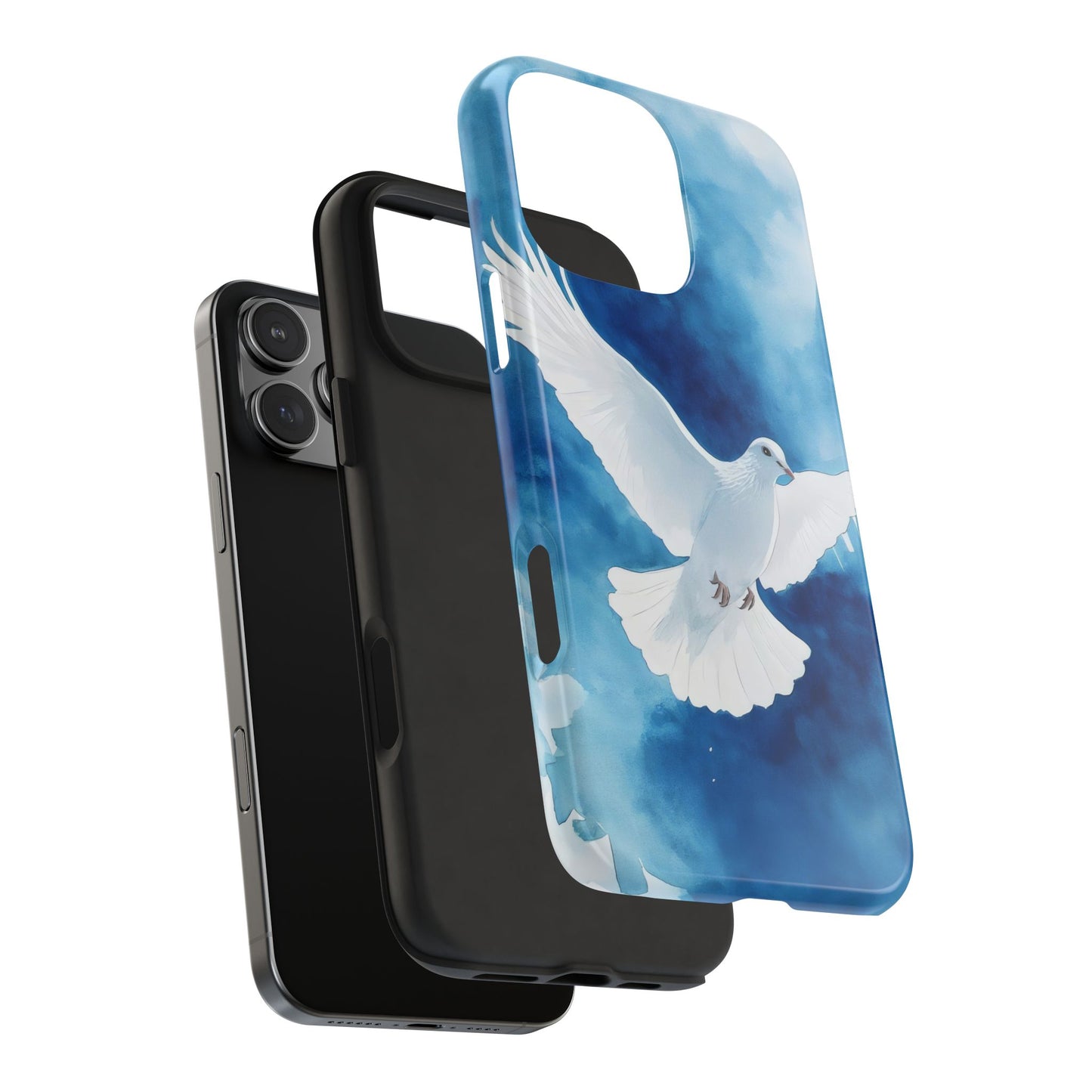 Phone case with white dove and blue sky design, spiritual Christian accessory