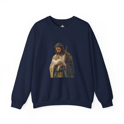 Navy Christian sweatshirt with serene shepherd graphic holding a lamb, faith-inspired apparel