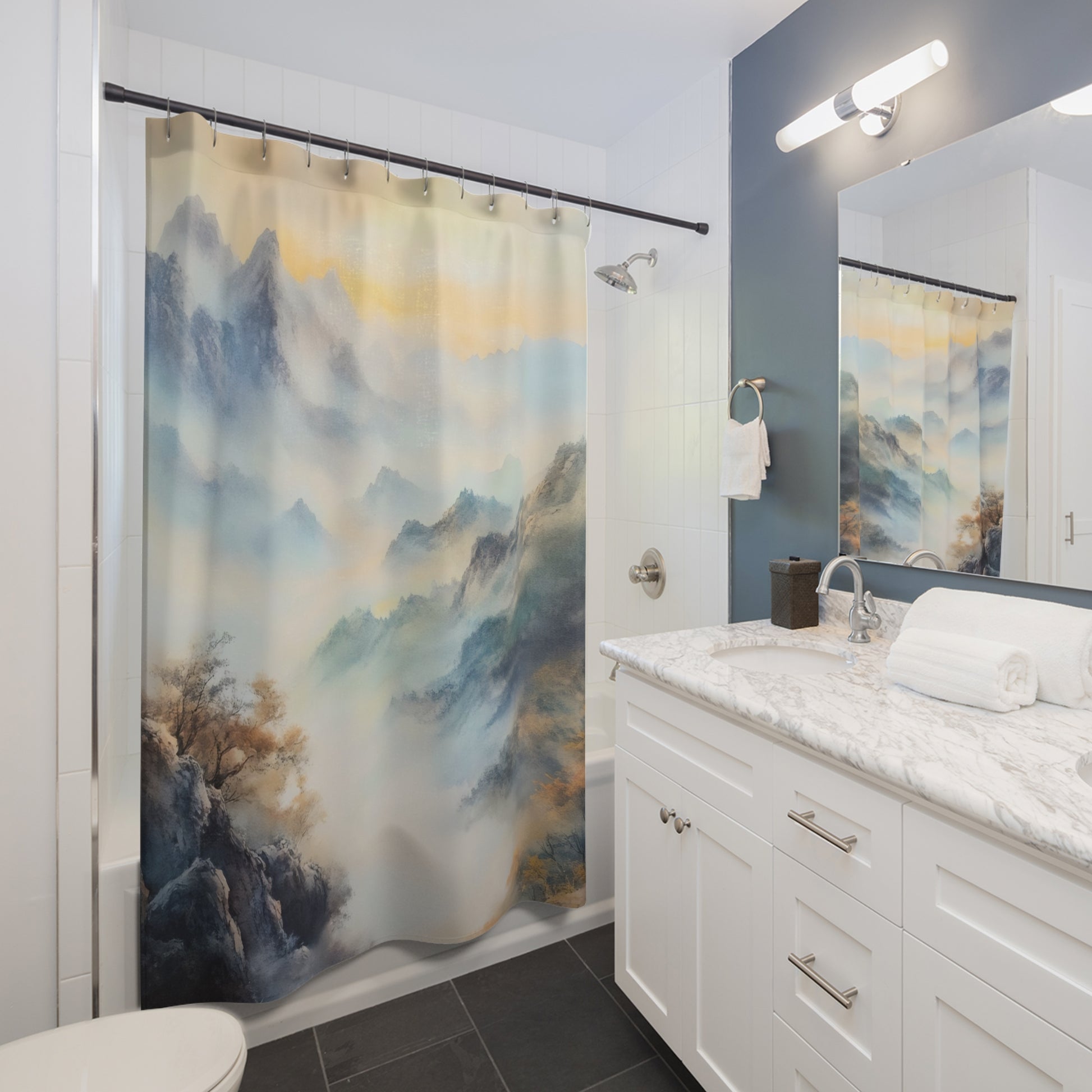 Modern bathroom with a mountain landscape shower curtain and marble countertop