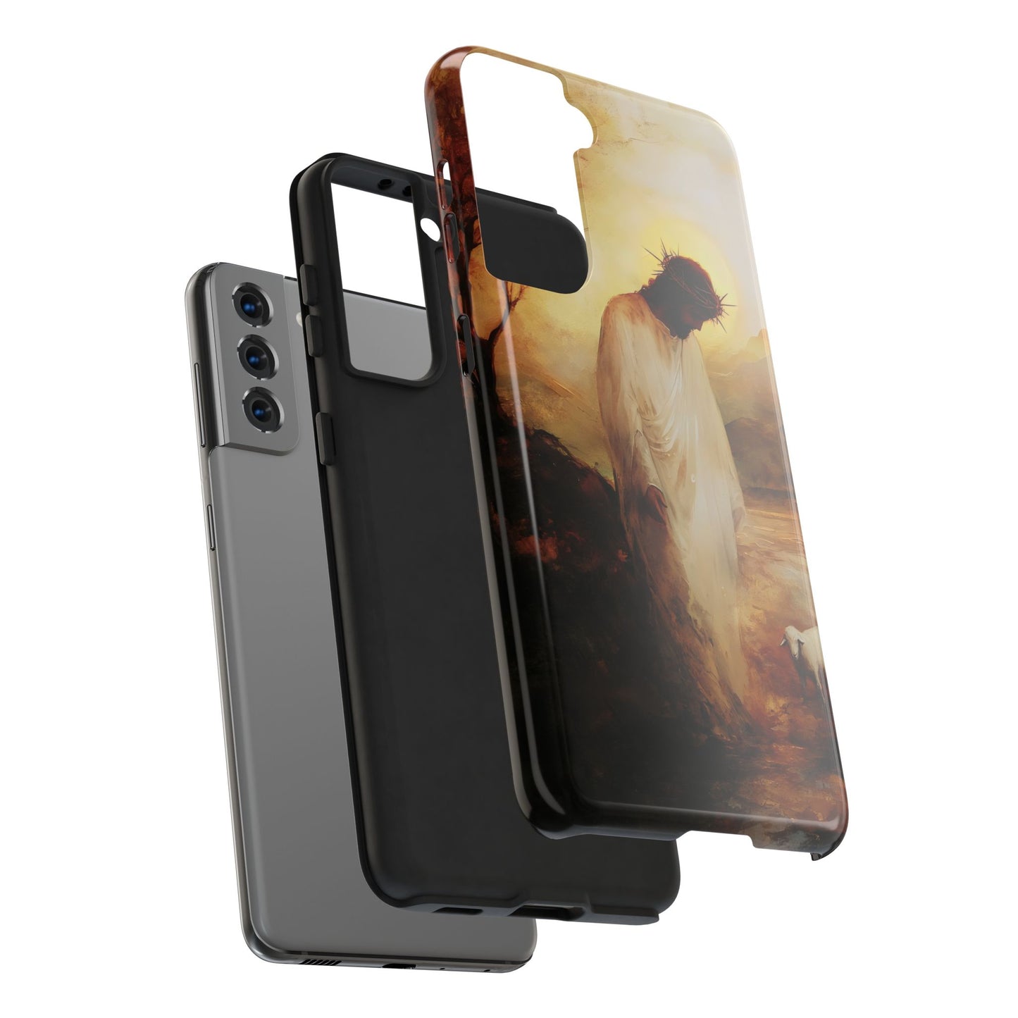 Christian phone case with Jesus in crown of thorns, serene landscape, spiritual art design