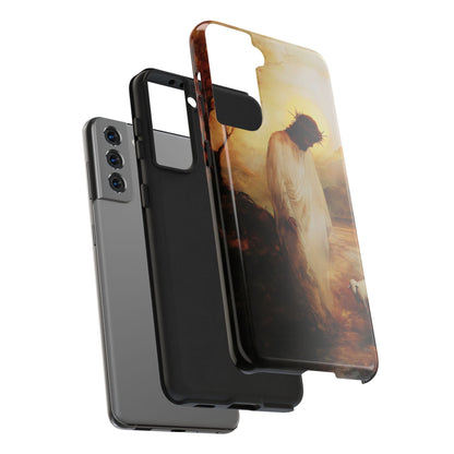 Christian phone case with Jesus in crown of thorns, serene landscape, spiritual art design