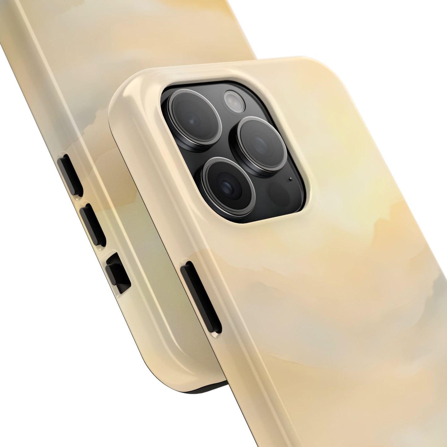 Beige iPhone case with soft abstract pastel pattern, shown close up on device