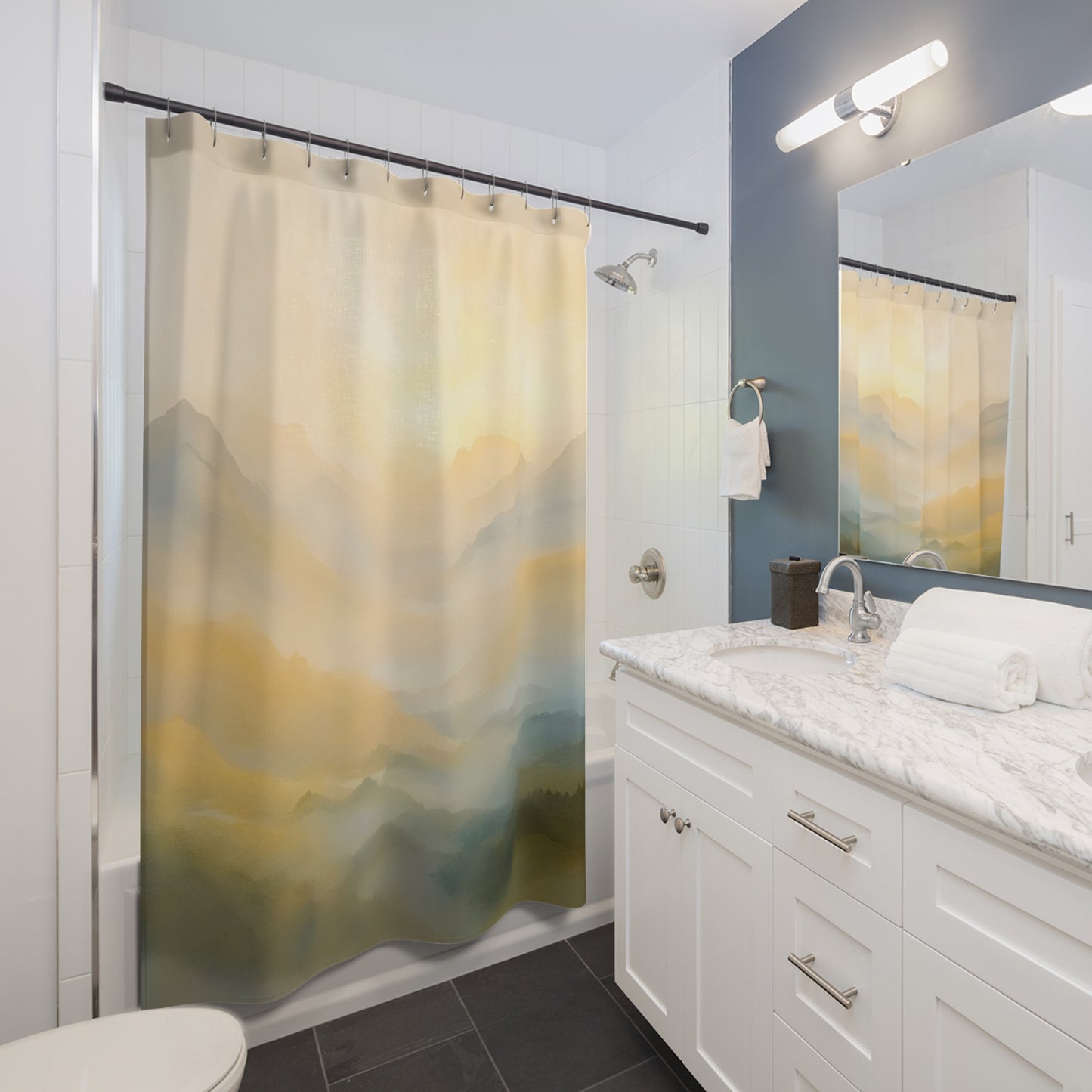 Serene mountain landscape shower curtain in modern bathroom, calming wall art decor style