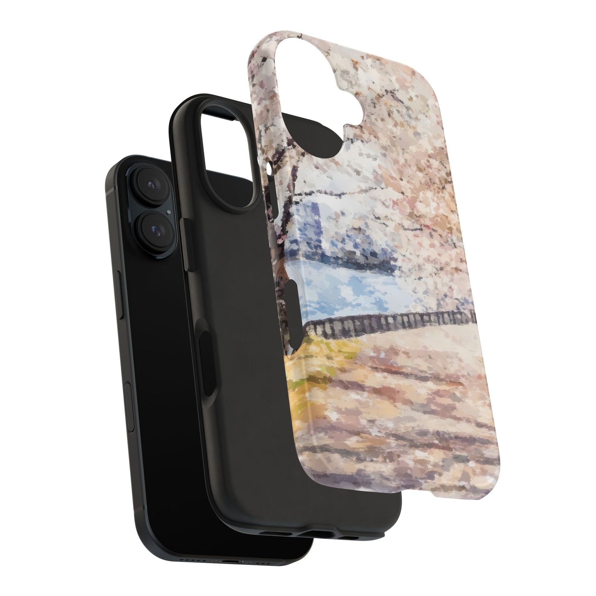 Phone case with abstract pastel nature painting design, layered on black smartphone