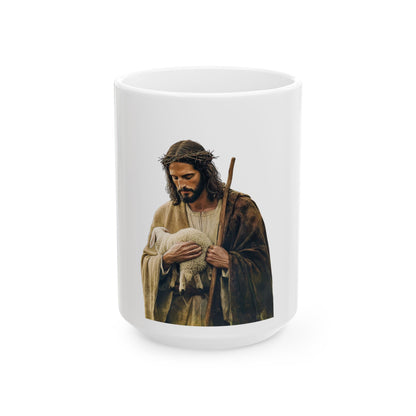 Ceramic mug with illustration of Jesus holding a lamb, Christian faith inspirational decor