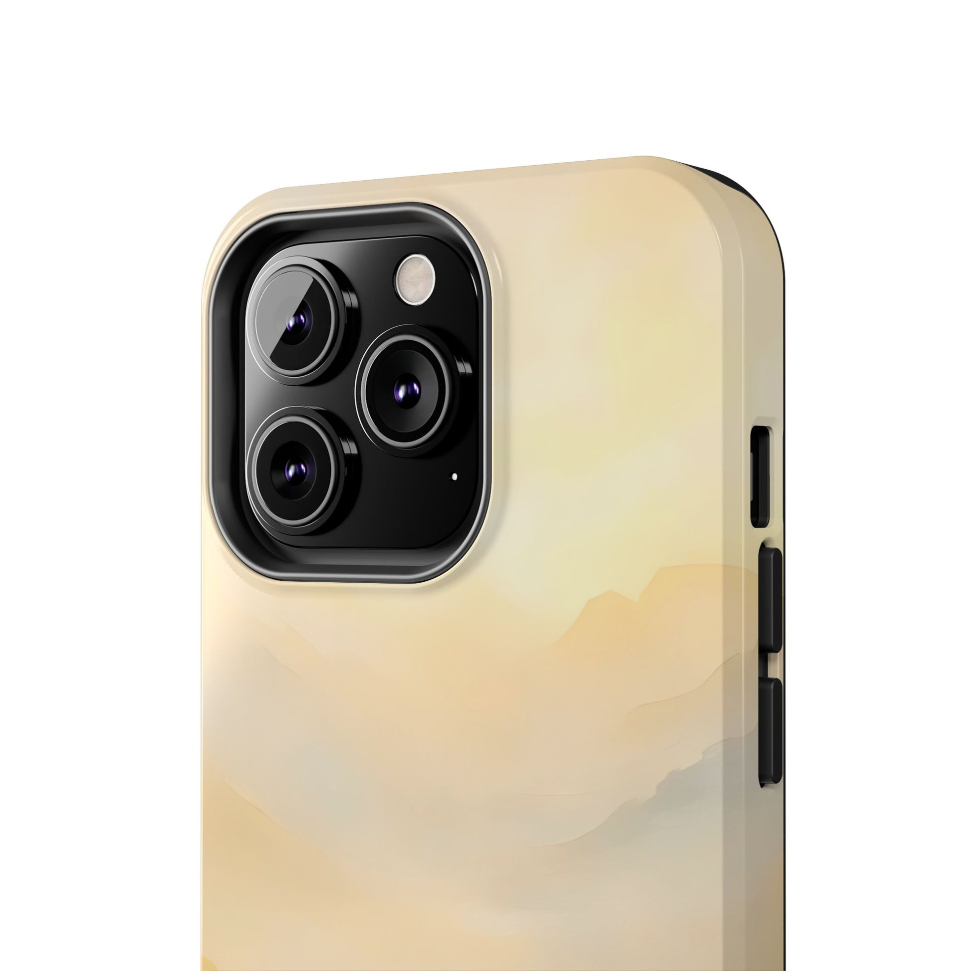 Minimalist mountain landscape phone case with soft beige and yellow tones, close-up view