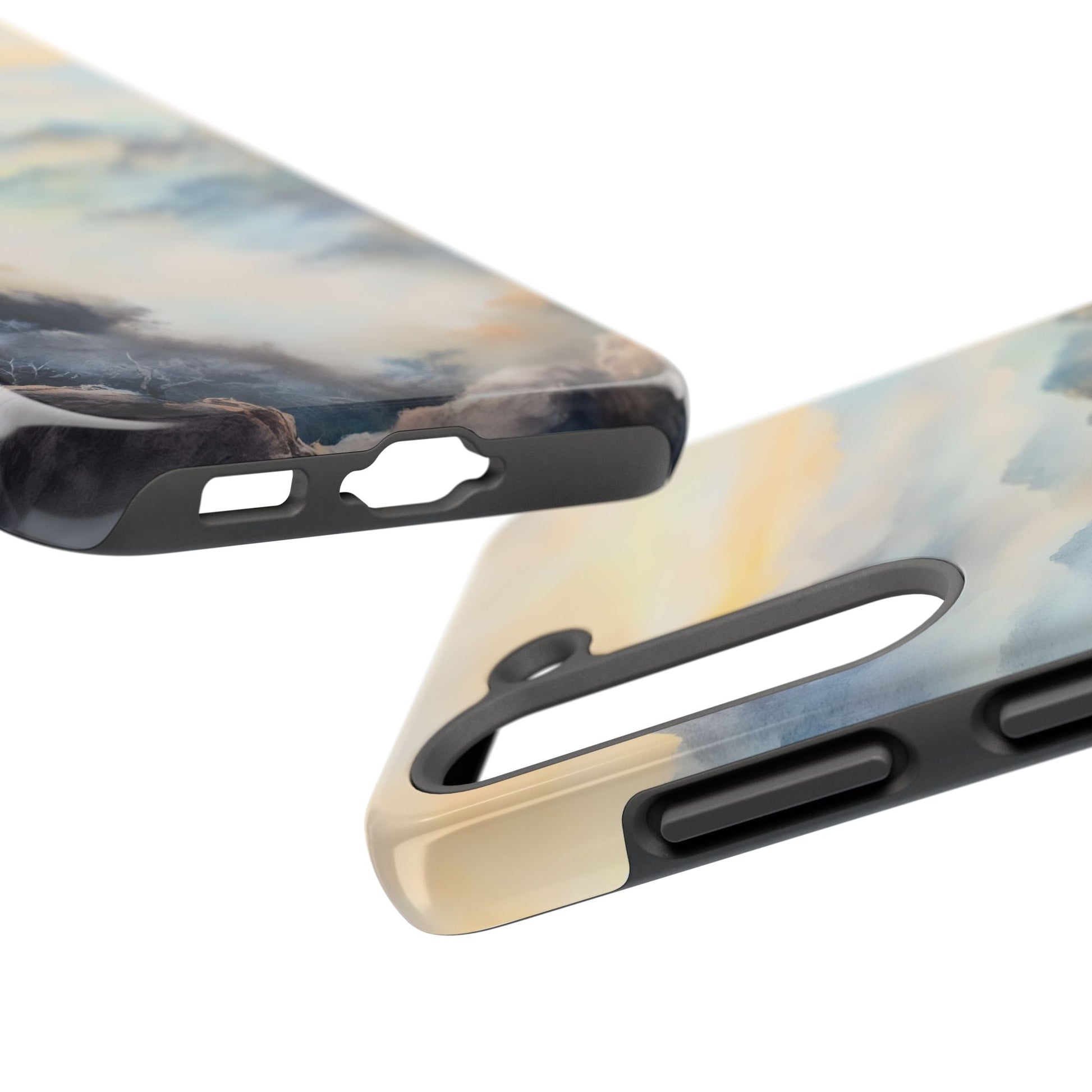 Close-up of phone case with abstract cloudy sky and landscape design, soft pastel colors