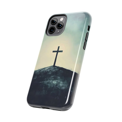 Christian phone case with cross on hill design, spiritual faith-inspired accessory