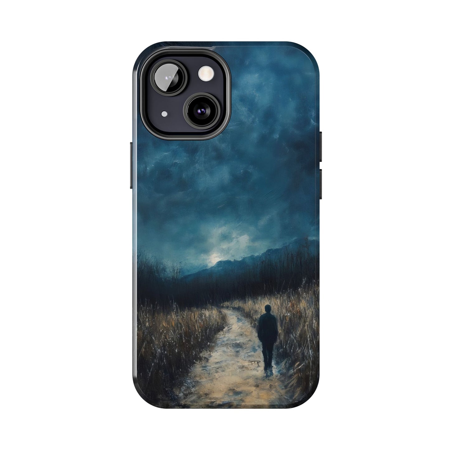 Phone case featuring a moody landscape of a lone figure walking a winding path at dusk.