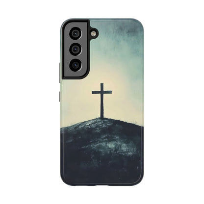 Christian cross on a hill phone case, spiritual art, faith-inspired accessory