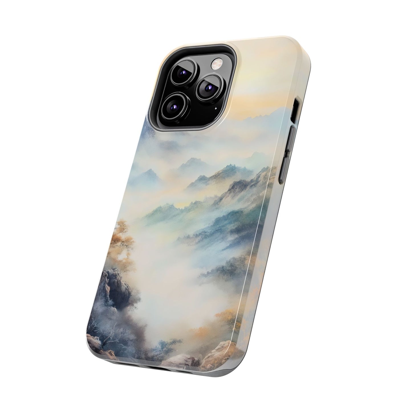 Christian phone case with serene misty mountains and soft pastel colors