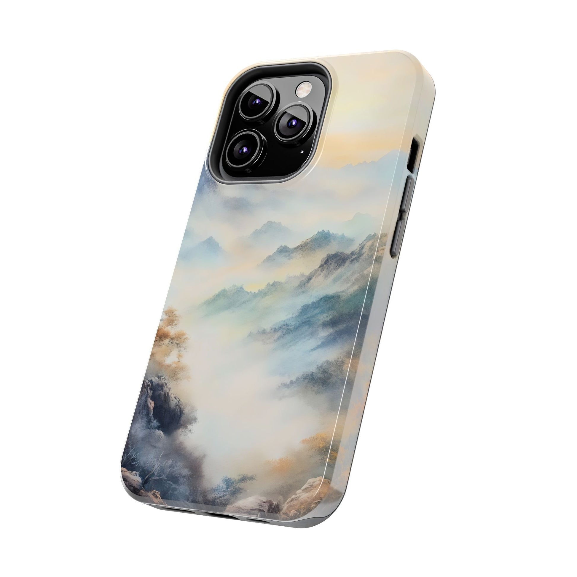 Christian phone case with serene misty mountains and soft pastel colors