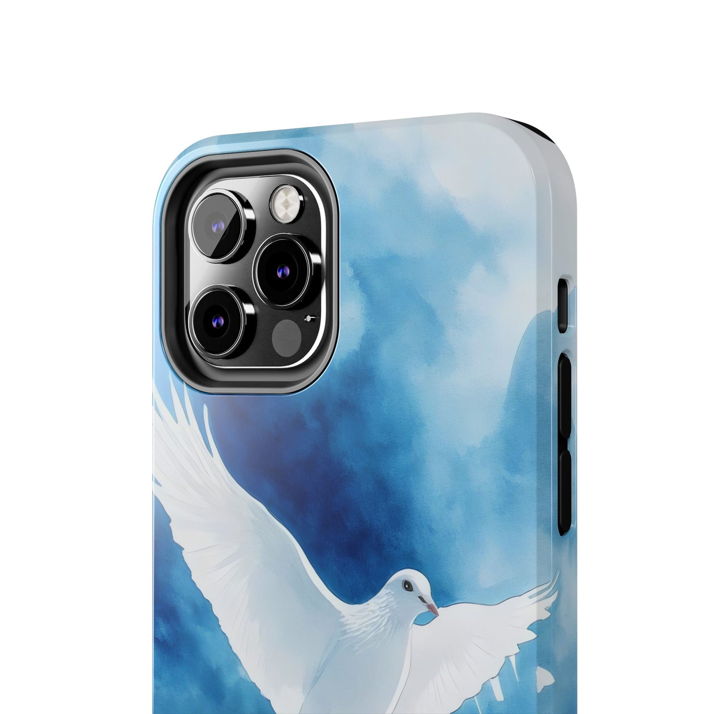 Phone case with white dove illustration on blue watercolor background, Christian art design