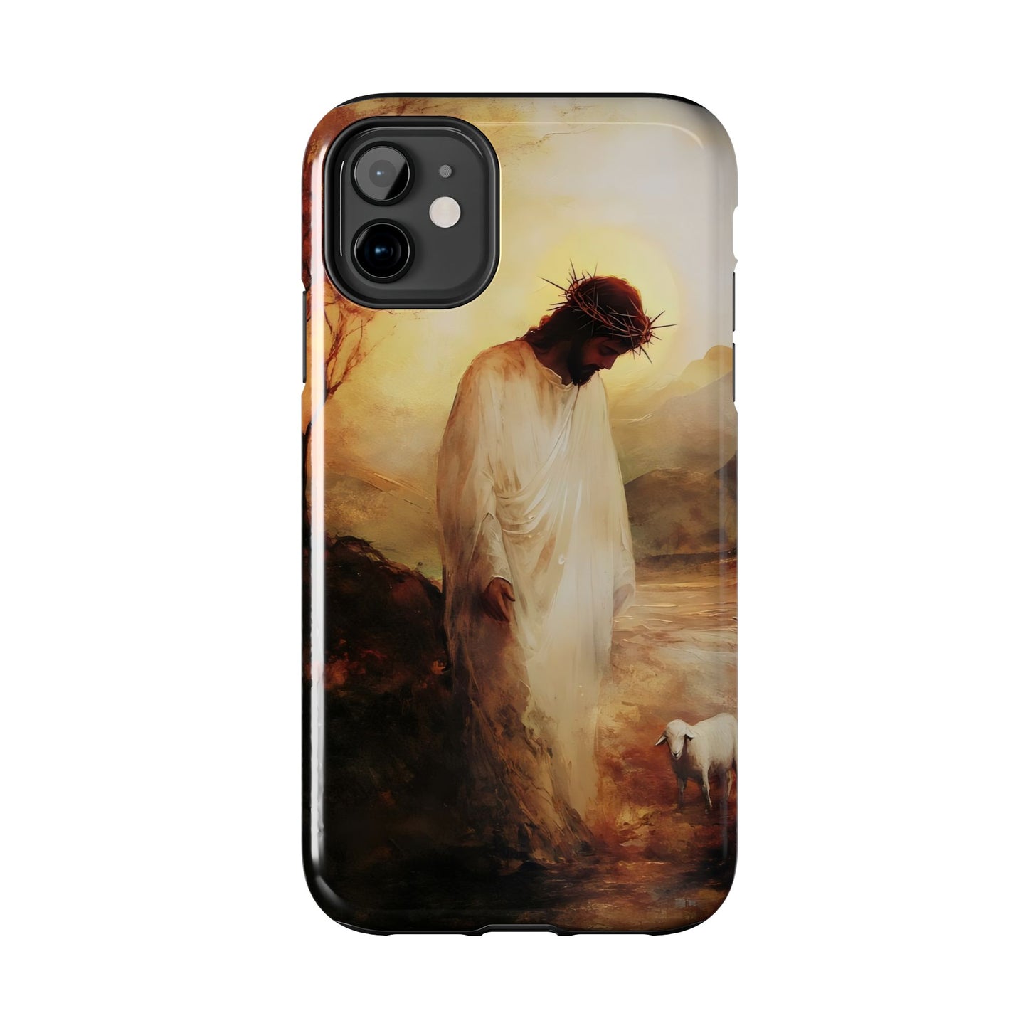 Christian phone case with Jesus in white robe and crown of thorns beside a lamb outdoors