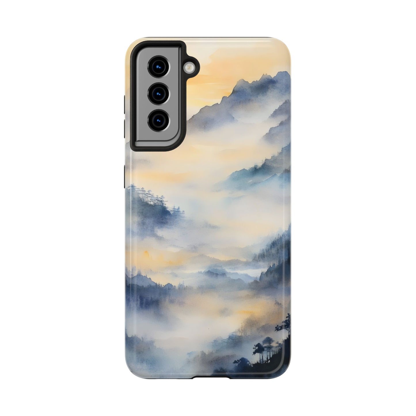 Phone case with serene watercolor mountain and mist landscape design
