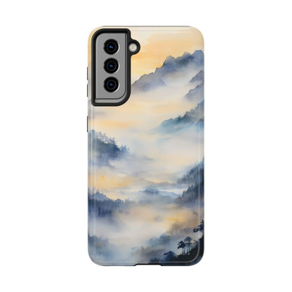 Phone case with serene watercolor mountain and mist landscape design