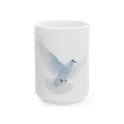 White ceramic mug with a soft blue watercolor dove illustration, Christian home decor