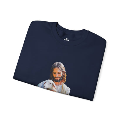 Navy Christian t-shirt with illustration of Jesus holding a lamb, faith-inspired apparel