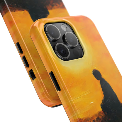 Phone case with sunset silhouette art of person meditating, spiritual and mindful design