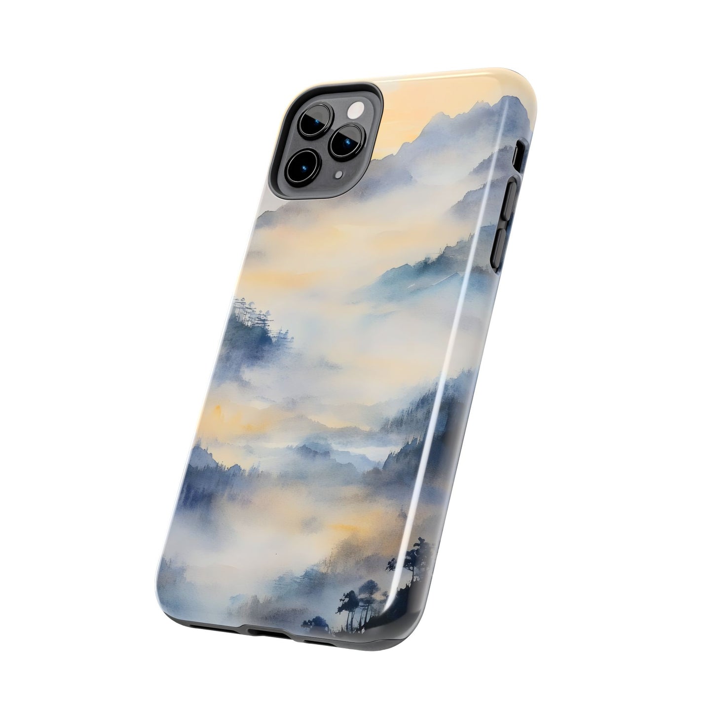 Phone case with serene watercolor mountain landscape and soft misty hues