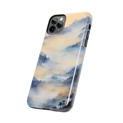 Phone case with serene watercolor mountain landscape and soft misty hues