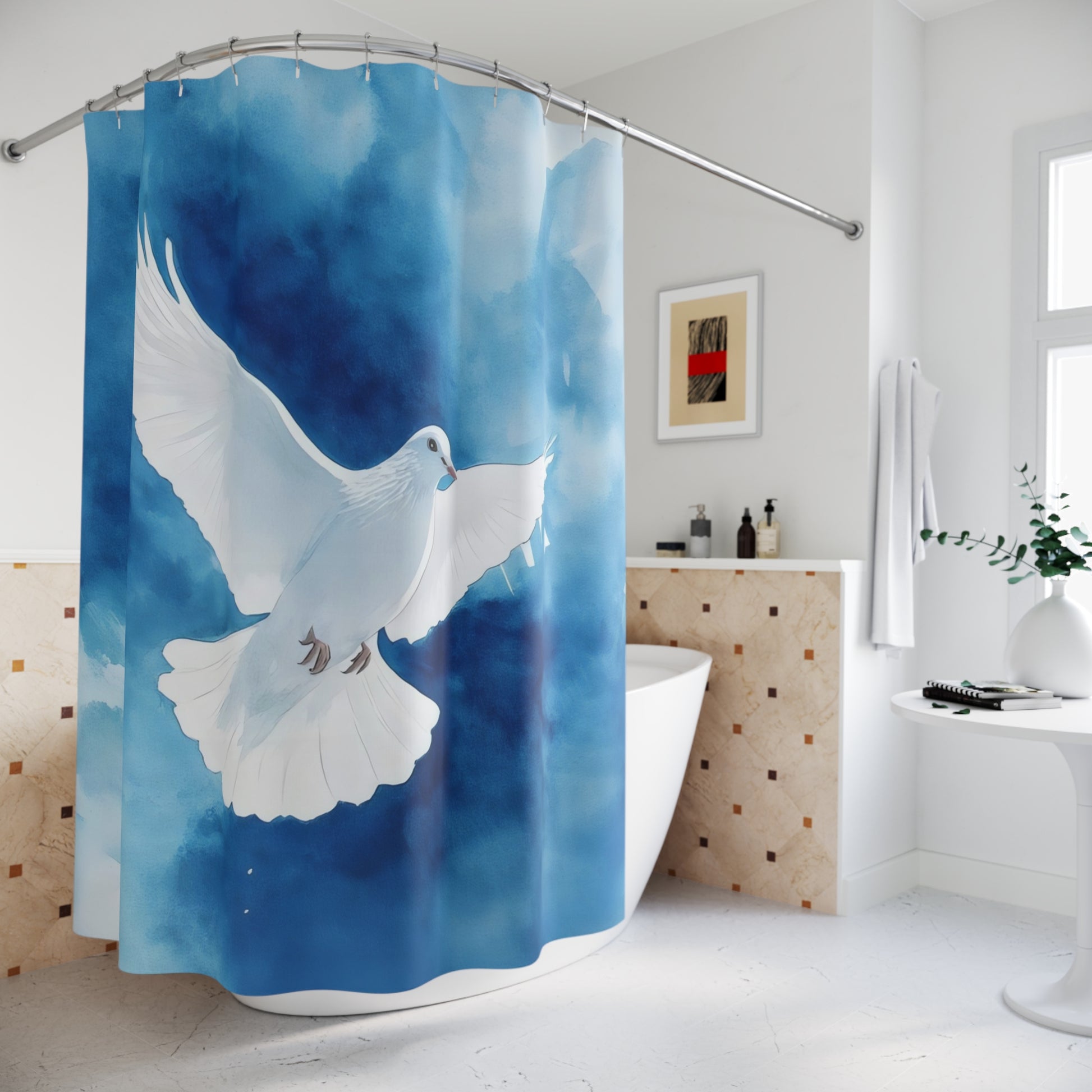 Christian bathroom decor with white dove shower curtain, blue watercolor background