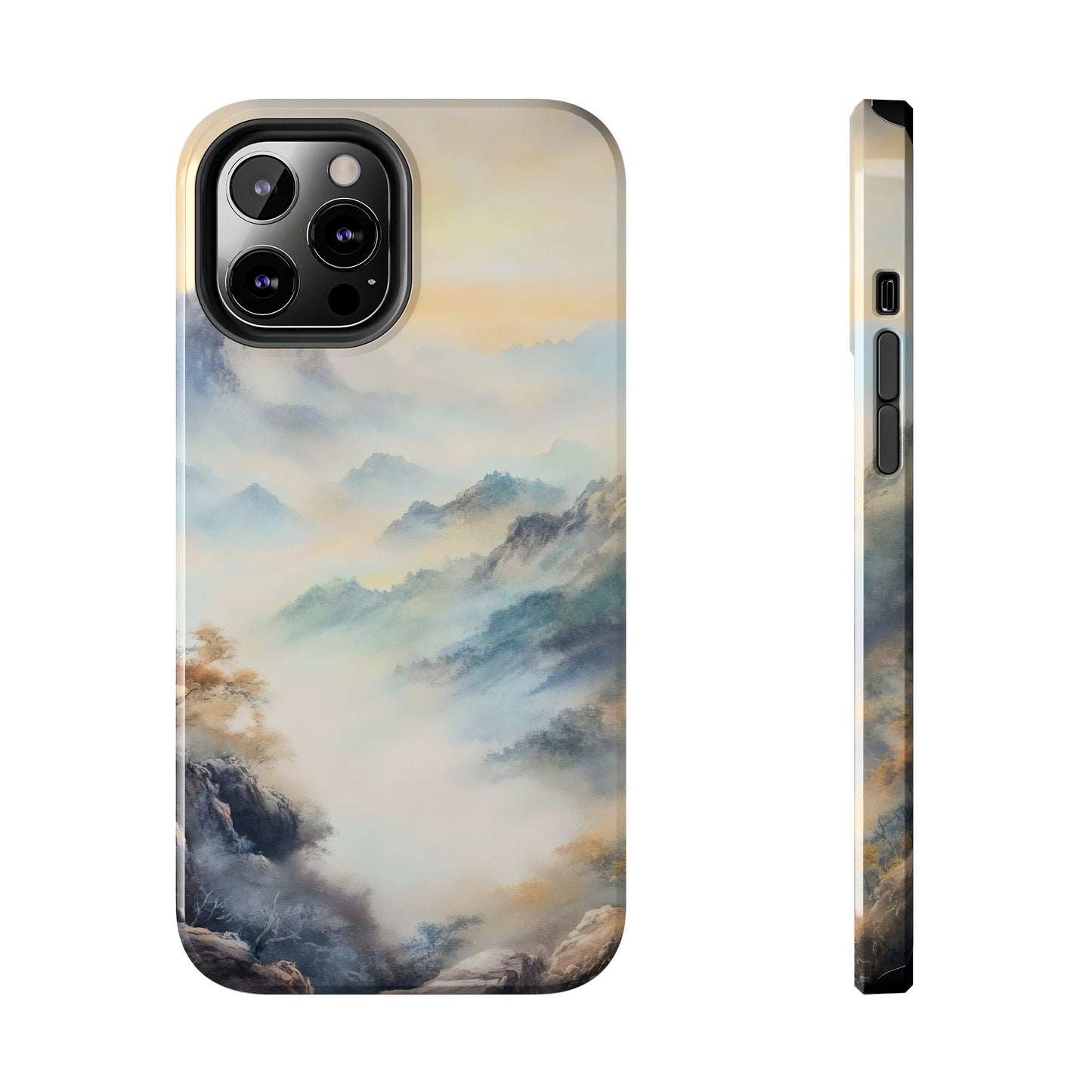 Phone case featuring serene misty mountain landscape with pastel tones and tranquil scenery