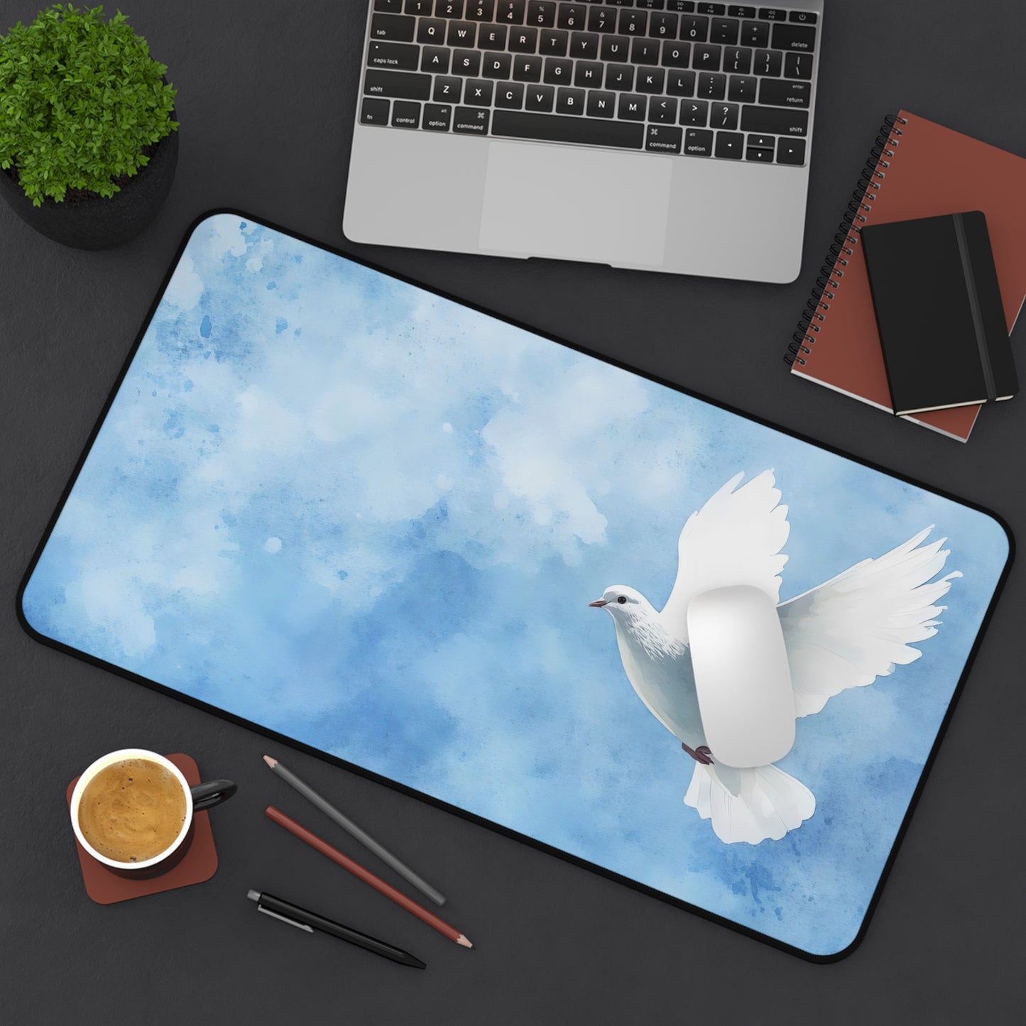 White Dove in Blue Sky Desk Mat | Peaceful Bird Mousepad