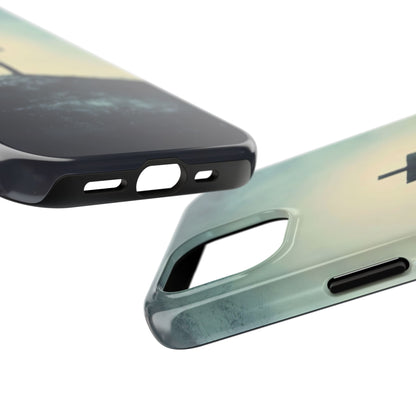 Close-up of Christian phone case with cross design, faith-inspired art on glossy surface