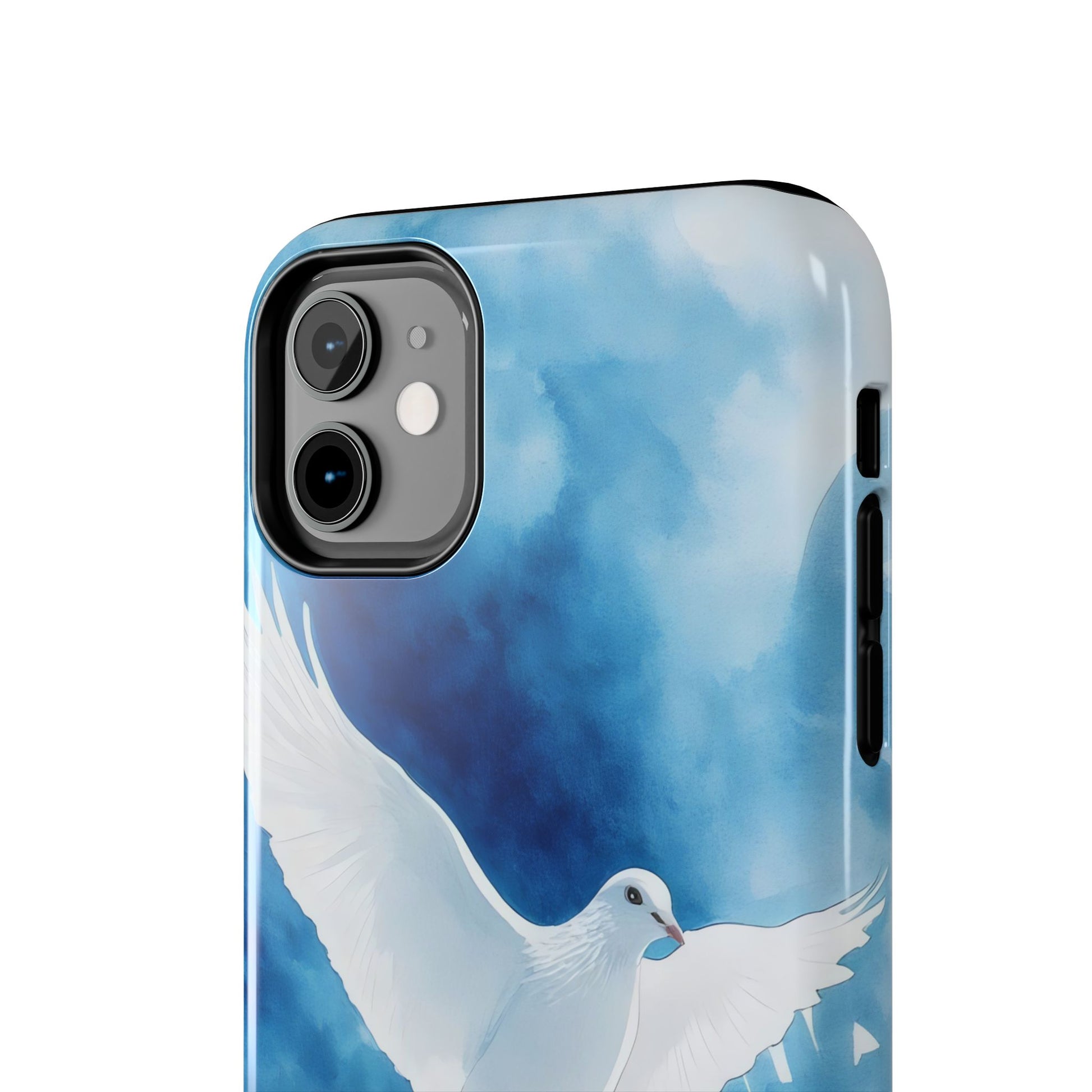 Phone case with white dove illustration on a blue watercolor background, Christian art design