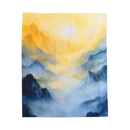 Christian wall art tapestry with serene mountains in blue and gold watercolor style