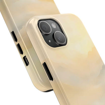 Close-up of iPhone with glossy pastel beige watercolor case, minimalist phone accessory