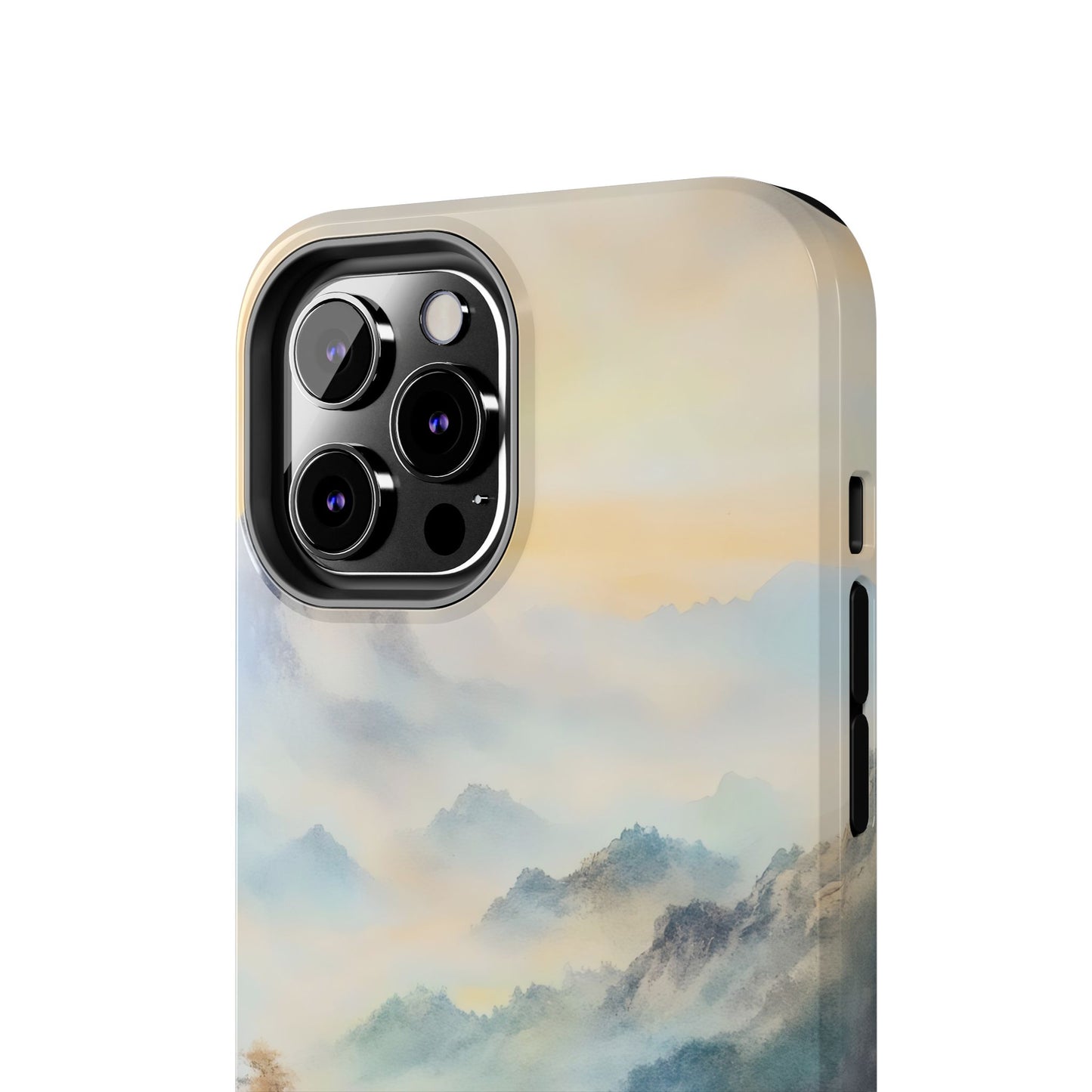 Phone case with tranquil misty mountain landscape design, soft pastel colors, nature-inspired.