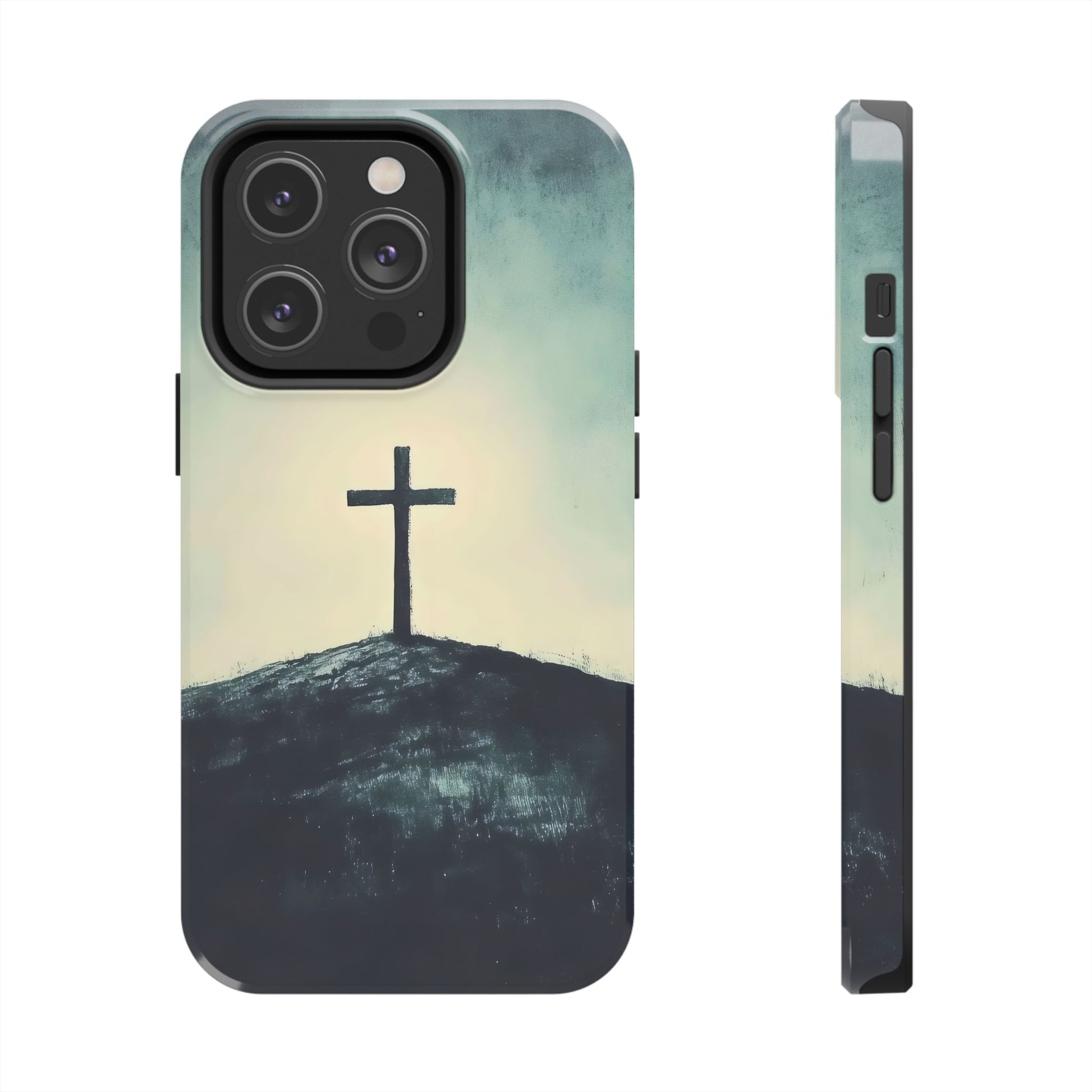 Christian cross on hill minimalist art phone case, faith-inspired accessory