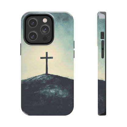 Christian cross on hill minimalist art phone case, faith-inspired accessory