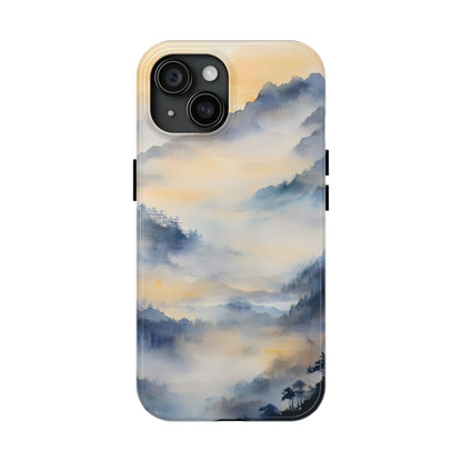 Serene mountain landscape phone case with soft mist and blue-yellow watercolor design