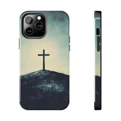 Christian cross on hill minimalist phone case, faith-inspired design, spiritual art accessory