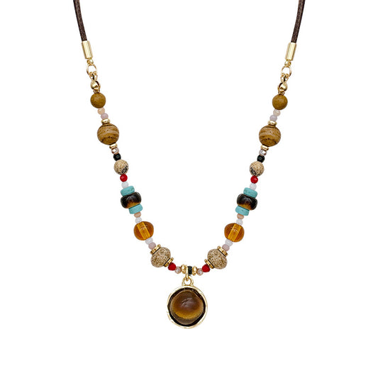 Colourful stone bead necklace with round pendant