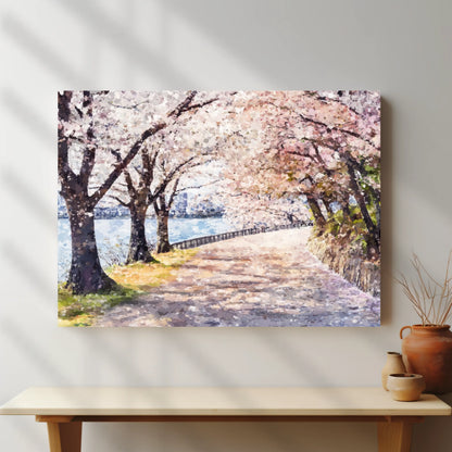 Cherry blossom river path canvas wall art, peaceful spring landscape decor