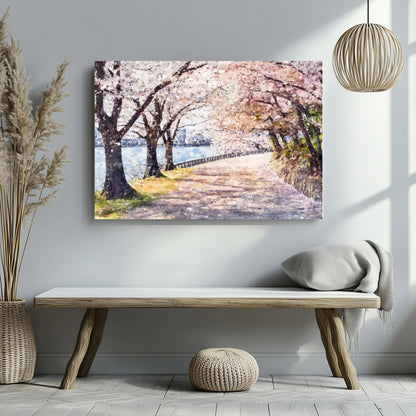 Cherry blossom river path canvas wall art in serene, minimalist living room decor