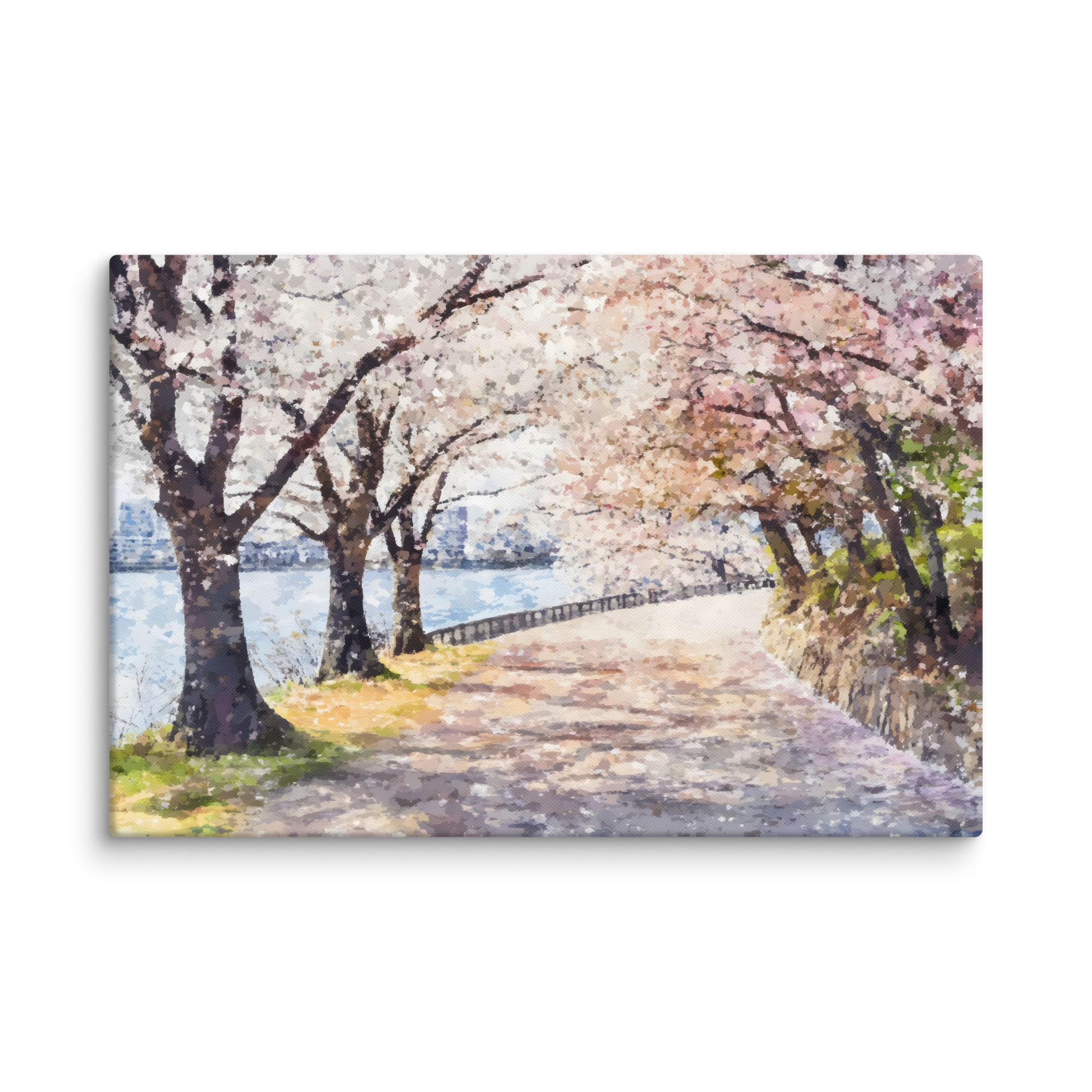 Painting of a riverside path lined with blooming cherry blossom trees in spring, soft pastel tones – Cherry Blossom River Path Canvas Wall Art for renewal and serenity.