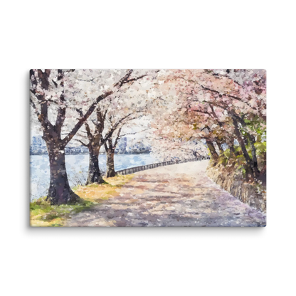 Serene cherry blossom river path wall art, spring landscape with pink and white blooming trees