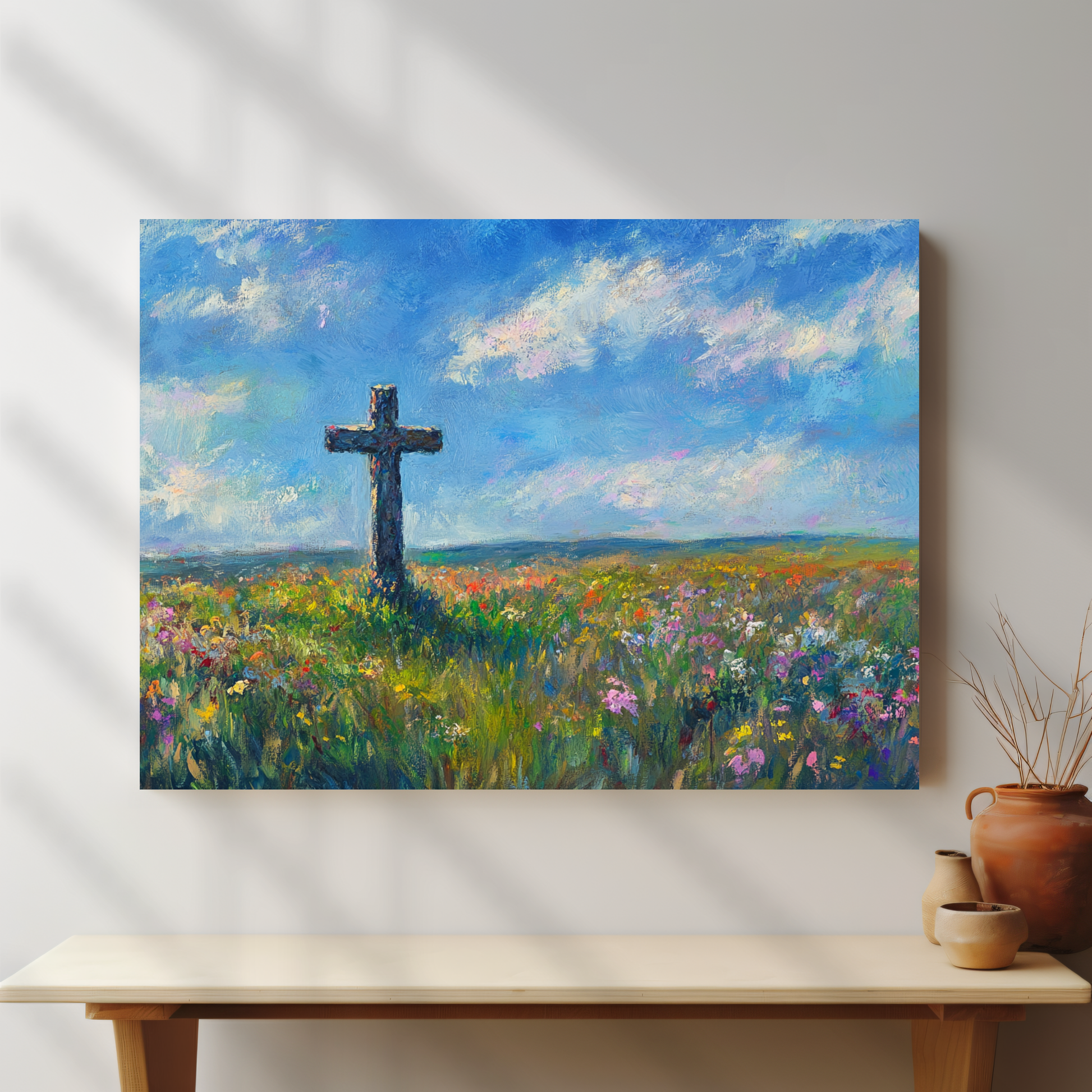Christian wall art canvas with a cross in a blooming wildflower field and bright blue sky