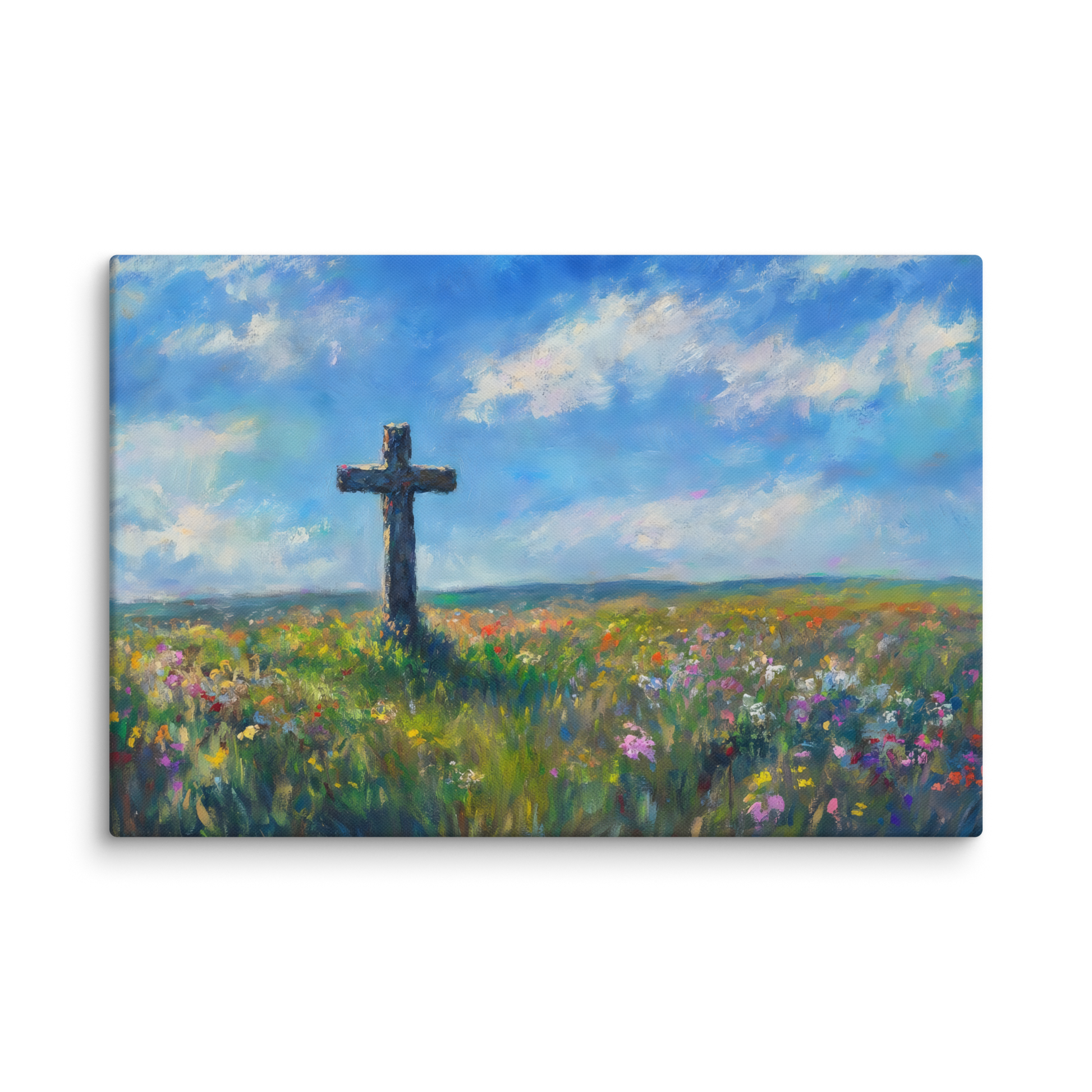 Painting of wooden cross in a vibrant wildflower field under a bright blue sky – Field of Faith Christian Canvas Wall Art.